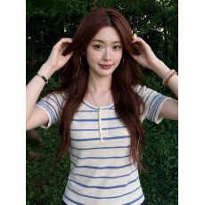 批发高捻仿亚麻短袖t恤针织衫女装夏季新款美式条纹韩系上衣
