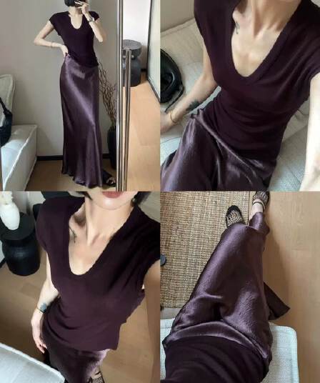 로얄 자매 보라색 u 칼라 긍정적 인 어깨 반팔 티셔츠 여성 여름 품격 몸매 가꾸기 디자인 센스 작은 날다 소매 얼음 실크 니트 맨위