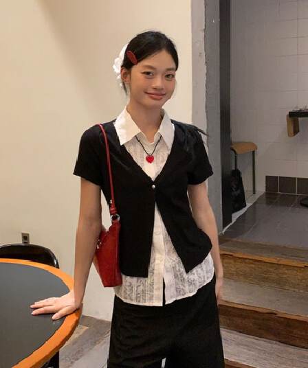 검정색 POLO 칼라 페이크 레이어드 반팔 티셔츠 여성 여름 한 부서 몸매 가꾸기 고유 한 아름다운 다용도 맨위 셔츠