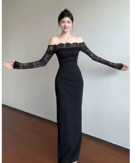 순수한 욕망 레이스 조각 주름 오프숄더 검정색 예복 치마 여성 가을 겨울철 새로운 몸매 가꾸기 긴팔 타이트 스커트 롱 스커트