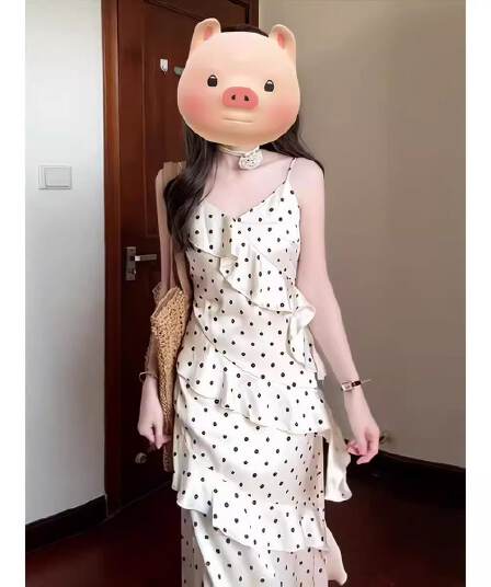 경기 꽃 학원 스타일 도트 무늬 슬립 여성 드레스 여름 허리 수축 슬림해 보이는 프랑스식 프릴 롱 스커트