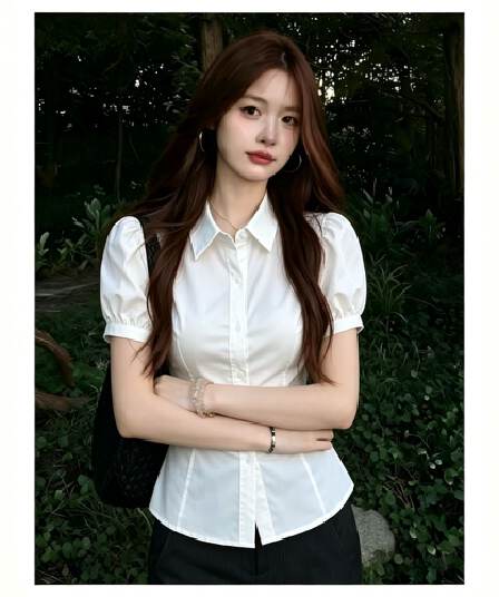 학원 스타일 몸매 가꾸기 화이트 여성 셔츠 여름 작은 키 레이스업 허리 수축 거품 소매 반팔 셔츠 다용도 쇼트 스타일 맨위