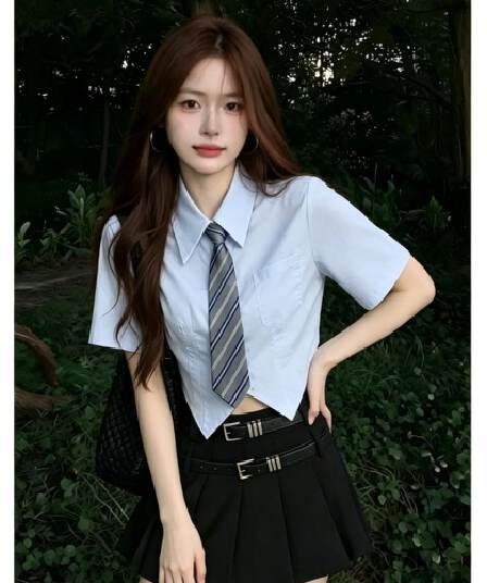 jk 파란색 포인터 코너 쇼트 스타일 반팔 여성 셔츠 여름 학원 스타일 허리 수축 슬림해 보이는 폴로 칼라 주머니 경기 넥타이 셔츠