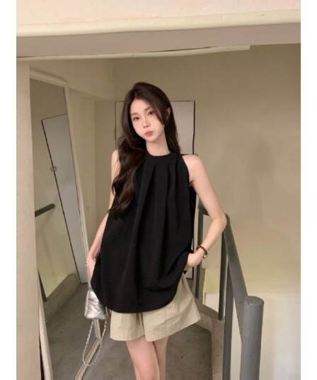 한 부서 감기 행침 목 검정색 민소매 조끼 여성 정면 주름 루즈핏 표지 배 작은 키 출퇴근 다용도 맨위