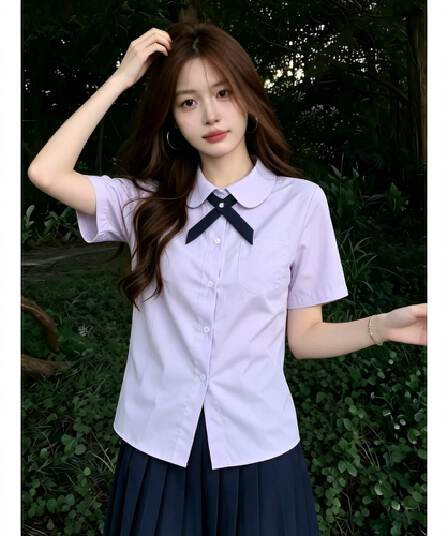 연한 자주색 베이비 칼라 반팔 여성 셔츠 여름 jk 학원 스타일 경기 나비 넥타이 주머니 학생 유니폼 셔츠 맨위
