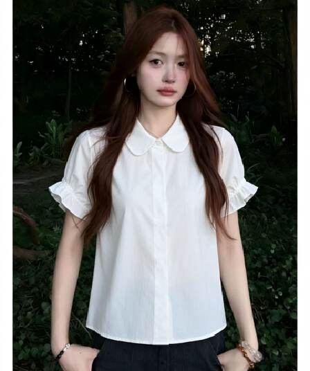 베이비 칼라 프릴 반팔 화이트 여성 셔츠 여름 새로운 품격 쇼트 스타일 부드러운 연령 감소 셔츠 맨위