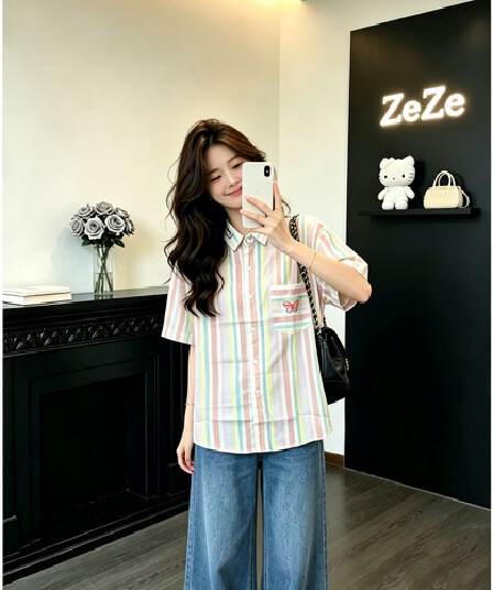 말 카드 용 색상 세로 줄무늬 반팔 여성 셔츠 여름 루즈핏 주머니 나비 자수 신선함 다용도 맨위