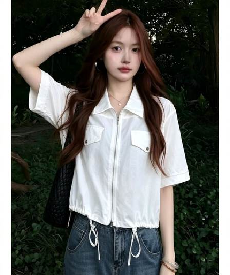 한 부서 캐주얼 바람 더블 주머니 지퍼 셔츠 여성 여름 밑단 펌프 로프 쇼트 스타일 루즈핏 슬림해 보이는 반팔 셔츠