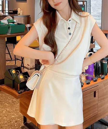패션 세트 여성 여름 새로운 작은 대중 디자인 센스 살구 색상 POLO 칼라 반팔 하이웨이스트 다용도 반바지 투피스 세트