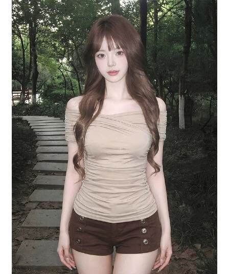 260 그램 사람들 면 디자인 센스 오프숄더 맨위 여성 여름 한 부서 펌프 Pleat 슬림해 보이는 반팔 몸매 가꾸기 핫걸 티셔츠