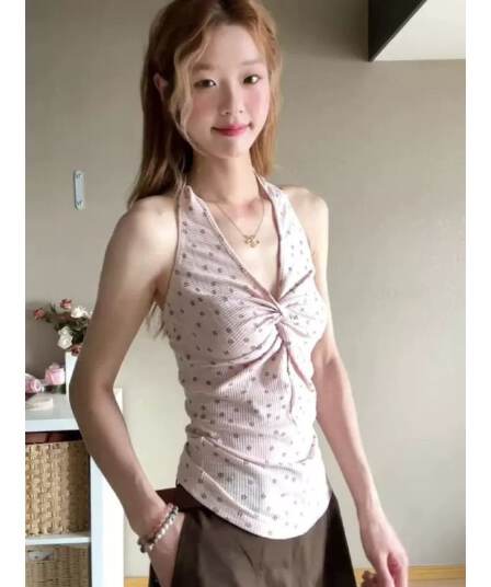 원본 원단 프린트 한 부서 고유 한 핑크색 행침 목 캐미솔 여름 몸매 가꾸기 슬림해 보이는 다용도 맨위