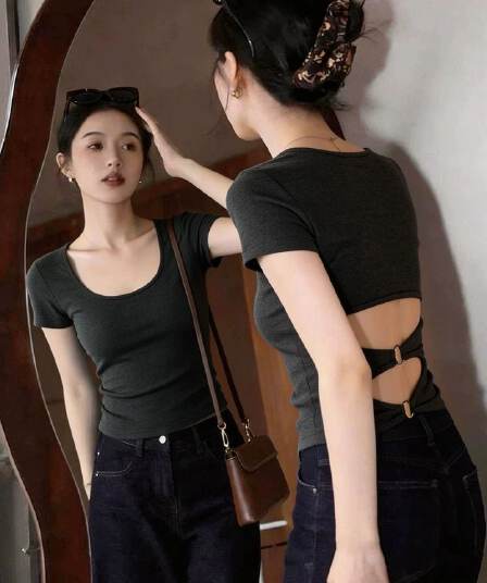 260 그램 사람들 면 순수한 욕망 이슬 허리 티셔츠 여성 여름 새로운 레트로 달콤한 핫걸 몸매 가꾸기 쇼트 스타일 다용도 반팔 맨위