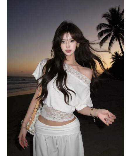 260 그램 사람들 면 순수한 욕망 바람 레이스 조각 비스듬한 어깨 허리 수축 반팔 티셔츠 맨위 여성 여름 새로운 허리 수축 슬림해 보이는