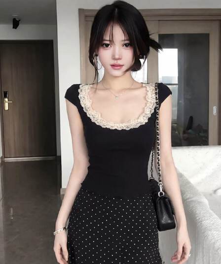260 그램 사람들 면 순수한 욕망 레이스 레이스 u 칼라 반팔 티셔츠 여성 여름 섹시함 허리 수축 몸매 가꾸기 슬림해 보이는 다용도 맨위