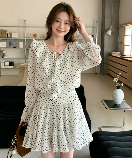2026 새로운 여름 프랑스식 도트 무늬 프릴 긴팔 드레스 봄 여름 화이트 V넥 슬림해 보이는 품격 미니 스커트