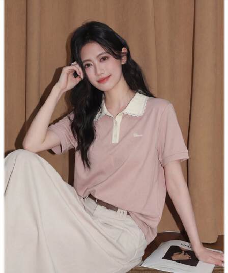 눈꽃 구슬 그라운드 210 그램 반팔 티셔츠 여성 의류 여름 새로운 디자인 센스 자수 POLO 칼라 맨위