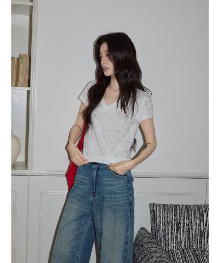 반팔 티셔츠 여성 의류 여름 새로운 한 부서 디자인 센스 슬림해 보이는 단색 자수 홀로우 아웃 V넥 맨위