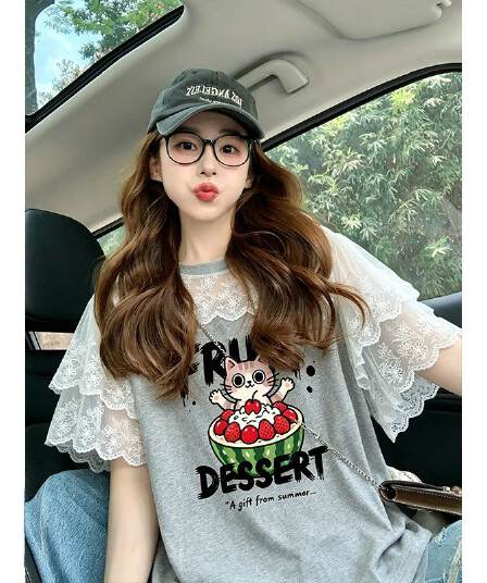 순면 220 그램 반팔 티셔츠 여성 의류 여름 루즈핏 한 부서 달콤함 레이스 조각 라운드 넥 맨위