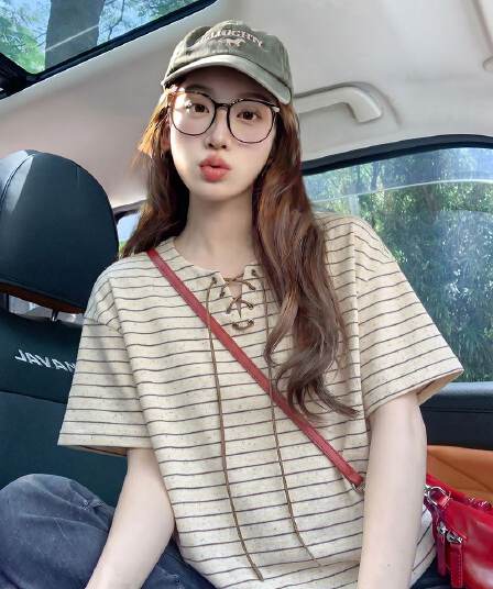 원본 260 그램 반팔 티셔츠 여성 의류 여름 새로운 한 부서 스트랩 아메리칸 스트라이프 V넥 맨위