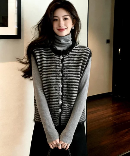 양 낙타 털 스트라이프 스웨터 베스트 오픈 가디건 여성 새로운 가을 루즈핏 슬림해 보이는 스택 착용 니트 맨위