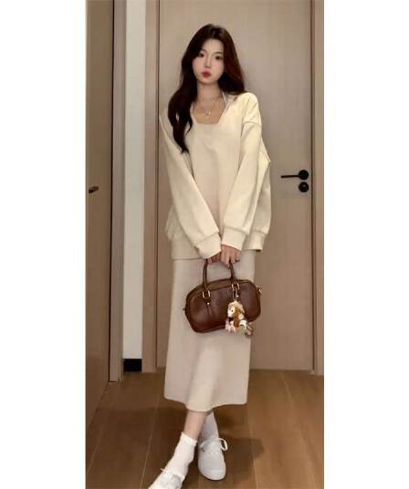 220 그램 사람들 면 빈 가스 층 참나무 늑골 하나 프랑스식 행침 목 드레스 분위기 센스 캐주얼 운동 후드티 롱 스커트