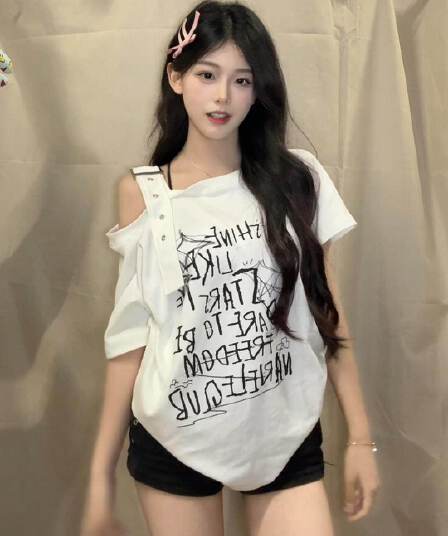 아메리칸 레트로 창의성 프린트 비스듬한 어깨 반팔 티셔츠 여성 여름 루즈핏 슬림해 보이는 느긋한 달콤한 차가운 오프숄더
