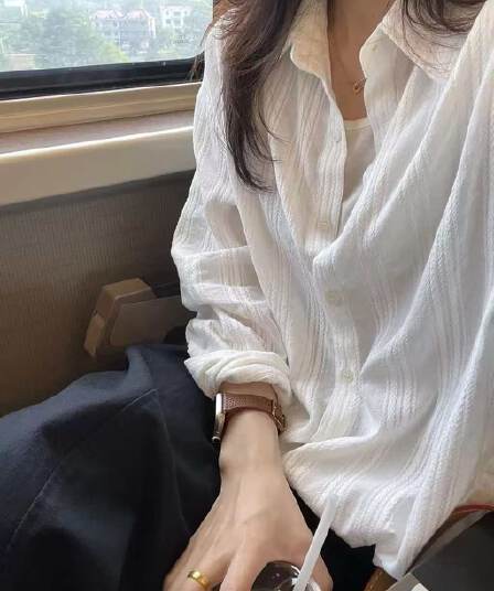 순면 세로 줄무늬 질감 센스 여성 셔츠 봄 여름 캐주얼 셔츠 긴팔 자외선 차단 맨위 재킷