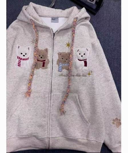 아메리칸 레트로 식물 플러시 자수 강아지 오픈 가디건 후드 티 스웨터 여성 가을 겨울 루즈핏 한국 스타일 느긋한 바람 재킷 남자 트렌디