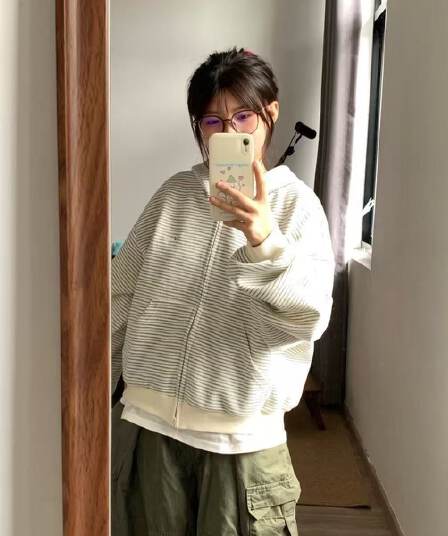 한 부서 이른 가을 착용 가져 가라. 스트라이프 오픈 가디건 후드 티 스웨터 여성 코트 봄 가을 2026 새로운 루즈핏 긴팔 맨위
