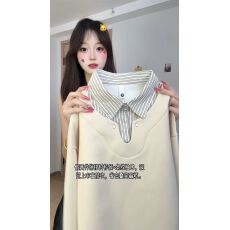批发薄款潮牌男女<b class='q'>情侣</b><b class='q'>卫衣</b>春秋新款拼接假两件条纹<b class='q'>衬衫</b>领上衣