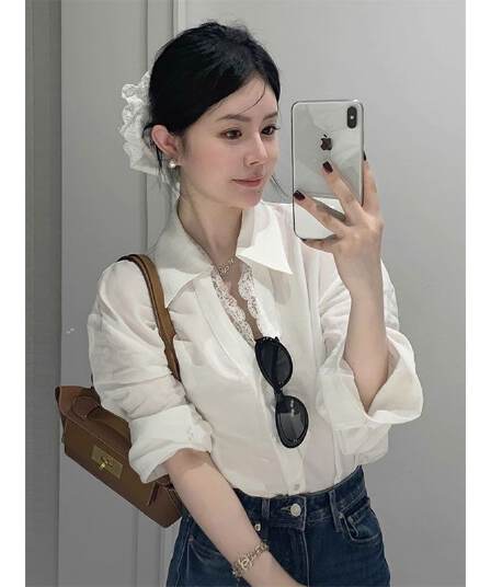 모방 주간 실크 원단 레이스 레이스 하나 레이스 긴팔 폴로 칼라 디자인 센스 화이트 셔츠 높음 지혜 바람 맨위