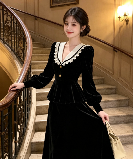 광저우 품질 느긋한 센스 베이비 칼라 긴팔 여성 드레스 가을 새로운 허리 수축 슬림해 보이는 한 마디 롱 스커트