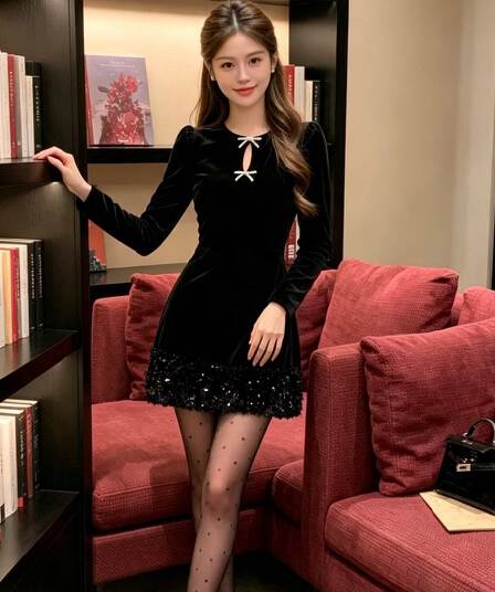 광저우 품질 그는 벤 천 금빛 바람 스팽글 벨벳 검정색 드레스 연례 회의 생일 party 행사 치마