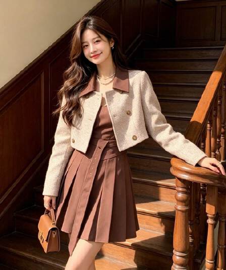 광저우 품질 프랑스식 레트로 작은 키 점프 슈트 치마 세트 여성 가을 겨울 새로운 작은 샤넬 스타일 재킷 치마
