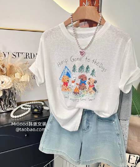 눈꽃 면 특별 빅 사이즈 300 근 한 부서 패션 페인팅 강아지 패턴 루즈핏 반팔 티셔츠 여성