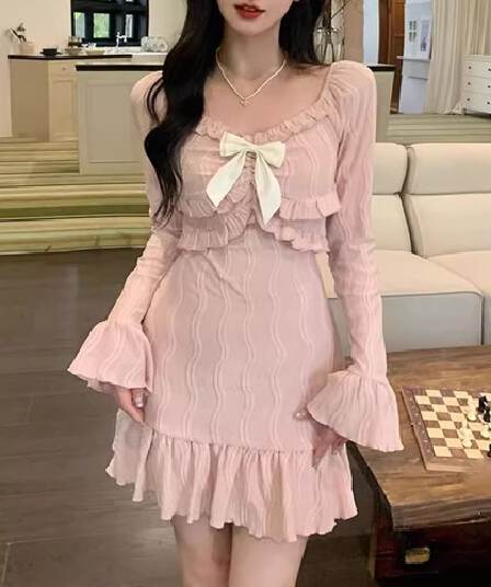원본 자카드 원단 벨트 네리 지퍼 경기 나비 매듭 핑크색 달콤함 프랑스식 긴팔 타이트 스커트 드레스