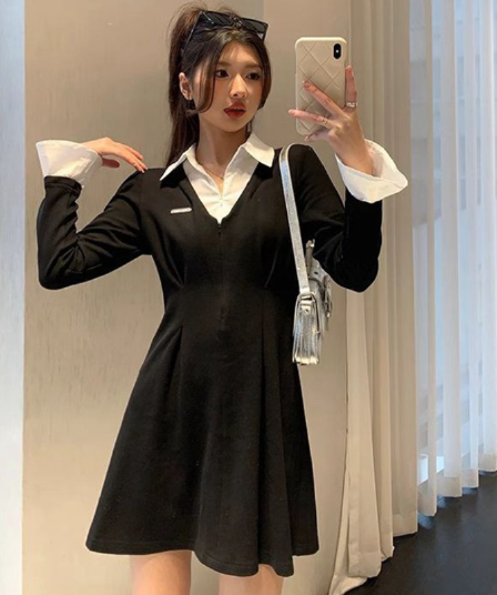 프랑스식 POLO 칼라 페이크 레이어드 긴팔 여성 드레스 가을 새로운 치마 지방 mm 표지 배 슬림해 보이는 검정색 롱 스커트