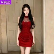 批发(原版质量人棉270克）辣妹网纱拼接挂脖<b class='q'>连衣裙</b>女夏季性感收腰短裙