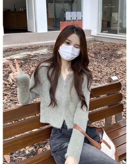 프랑스식 더블 지퍼 부드러운 바람 긴팔 니트 스웨터 여자 가을 긴팔 다용도 캐주얼 오픈 가디건 작은 키 맨위