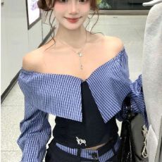 批发2026新款超好看一字肩拼接上衣女韩版收腰宽松显瘦休闲裤两件套装