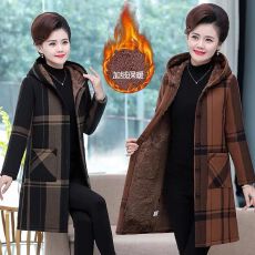 批发中老年<b class='q'>妈妈装</b>冬季加绒加厚中长款连帽棉衣女直筒棉服老年保暖棉服