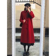 批发复古盘扣红色呢子大衣女2026秋冬新款韩系赫本风气质加厚毛呢外套