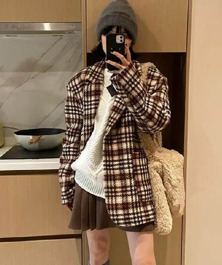 2026 겨울 체크무늬 새로운 레트로 체크무늬 모직 여성 코트 품격 모직 정장 코트 루즈핏 작은 키