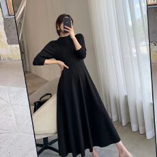 批发黑色长袖连衣裙春秋季新款韩版收腰显瘦网红<b class='q'>大摆裙</b>子