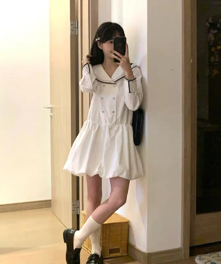 한 부서 패션 디자인 센스 작은 대중 해군 칼라 패치워크 드레스 여자 학생 여름 허리 수축 슬림해 보이는 꽃밭 치마