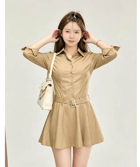 카키 색 셔츠 여성 드레스 폴로 칼라 싱글 줄 버튼 경기 금속 광장 버클 허리 수축 플리츠 미니 스커트 출퇴근 품격