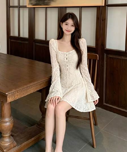 프랑스식 광장 칼라 레이스 여성 드레스 봄 가을 바람 나팔 긴팔 허리 수축 디스플레이 한 마디 쇼트 스타일 치마 품격 분위기 센스