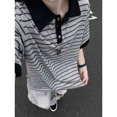 批发短袖t恤男女<b class='q'>情侣装</b>夏新款宽松小香风美式条纹POLO领上衣