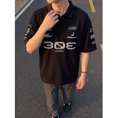 批发短袖t恤男女<b class='q'>情侣装</b>夏新款设计感趣味印花宽松POLO领上衣