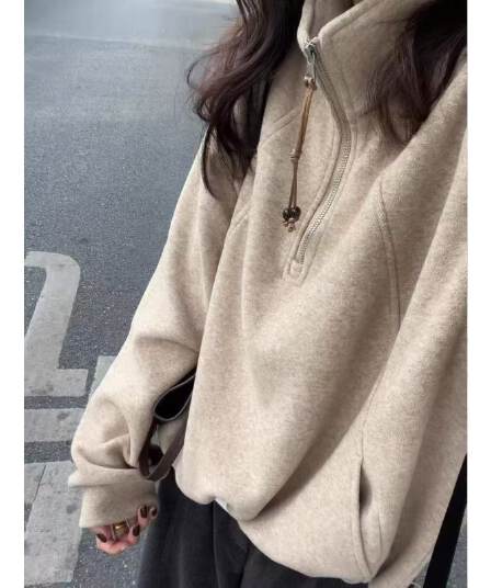 원본 원단 하프 지퍼 스탠드 칼라 후드티 여성 봄 가을 루즈핏 느긋한 바람 풀오버 없음 모자 의류
